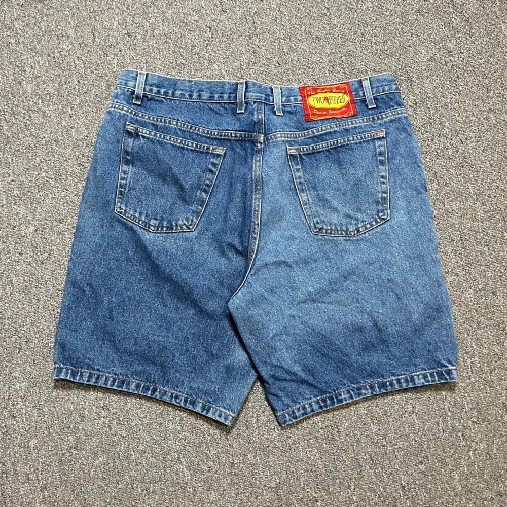 Vintage Two Pepper Denim Shorts 38 Blue Medium Wash Jean Dad Jorts 90s Y2K